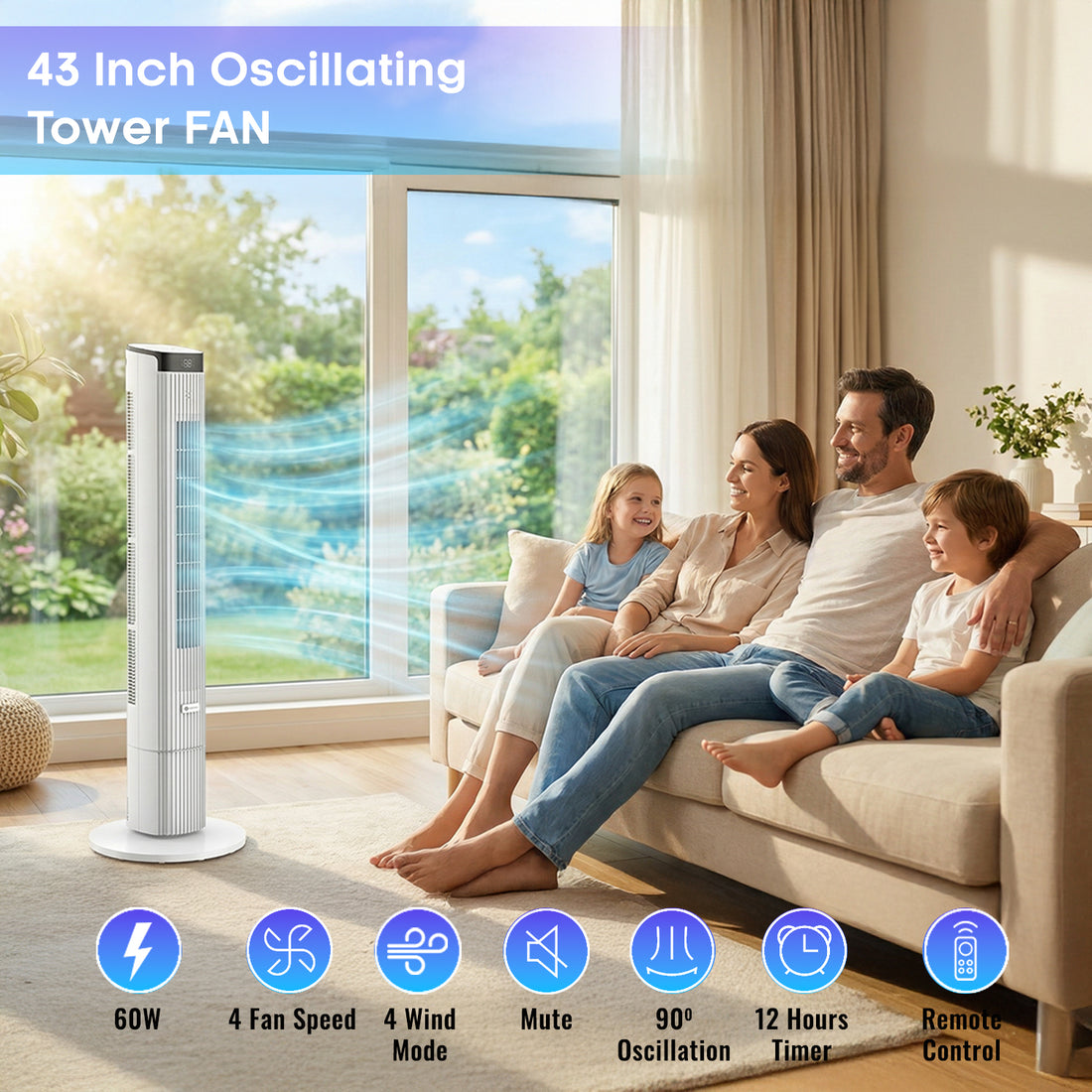 43 Inch Oscillating Tower Fan- White