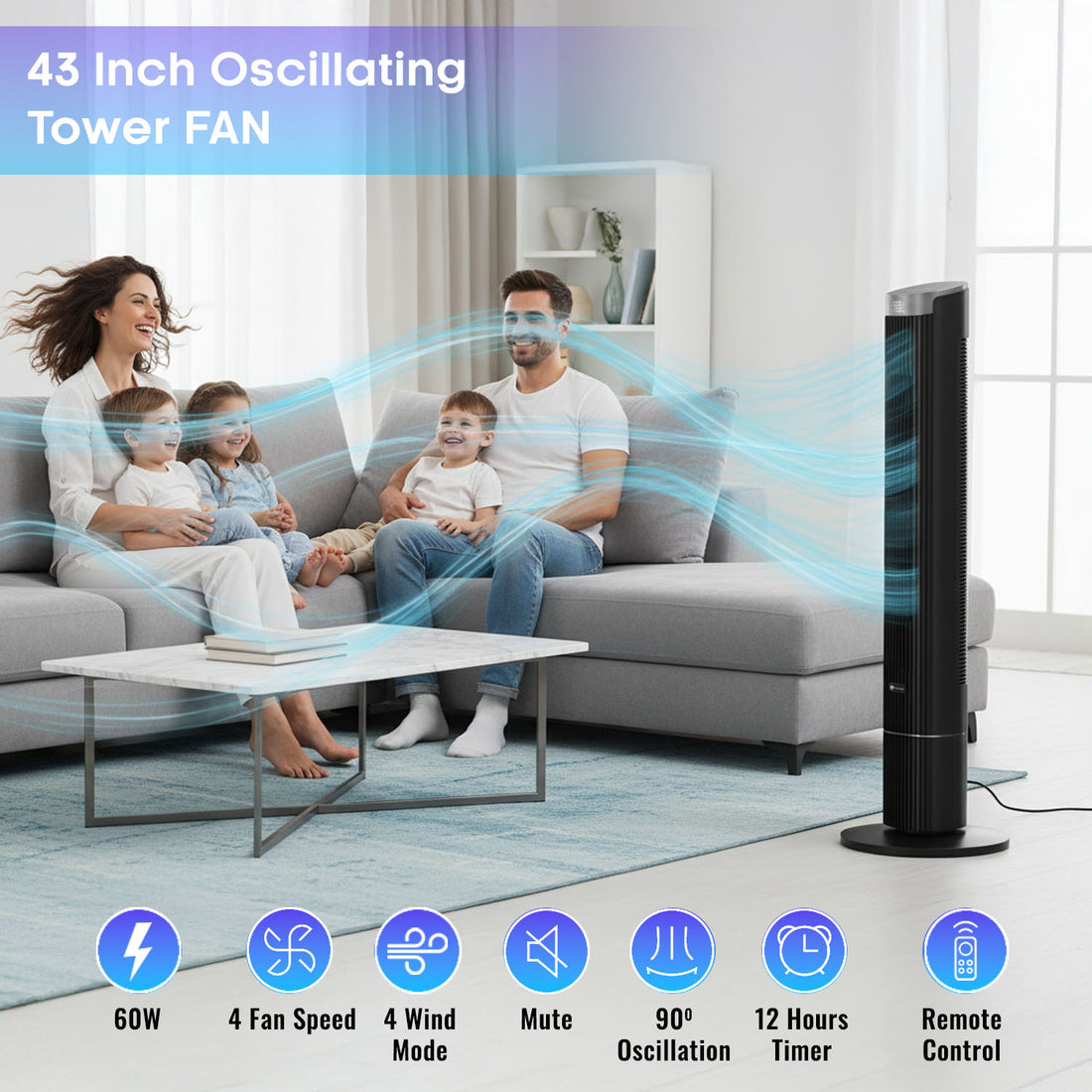 43 Inch Oscillating Tower Fan- Black