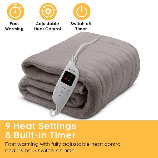 XL Fleece Electric Heated Throw with 9 Heat Settings Grey
