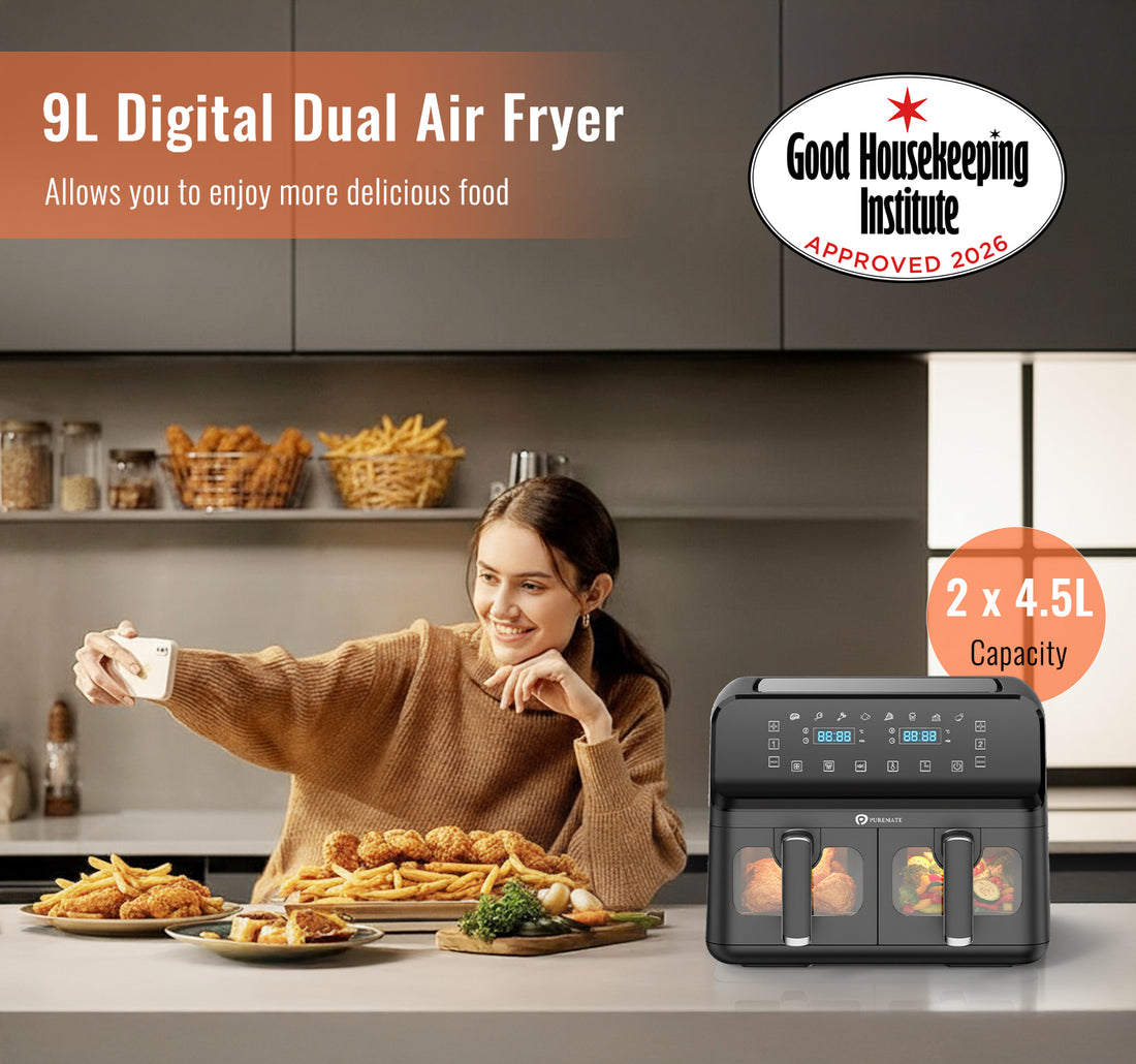 9L Dual Air Fryer with Digital Display, Healthy Oil Free 2500W Air Fryer with 8 Preset, LED One Touch Screen, Timer & Adjustable Temperature Control