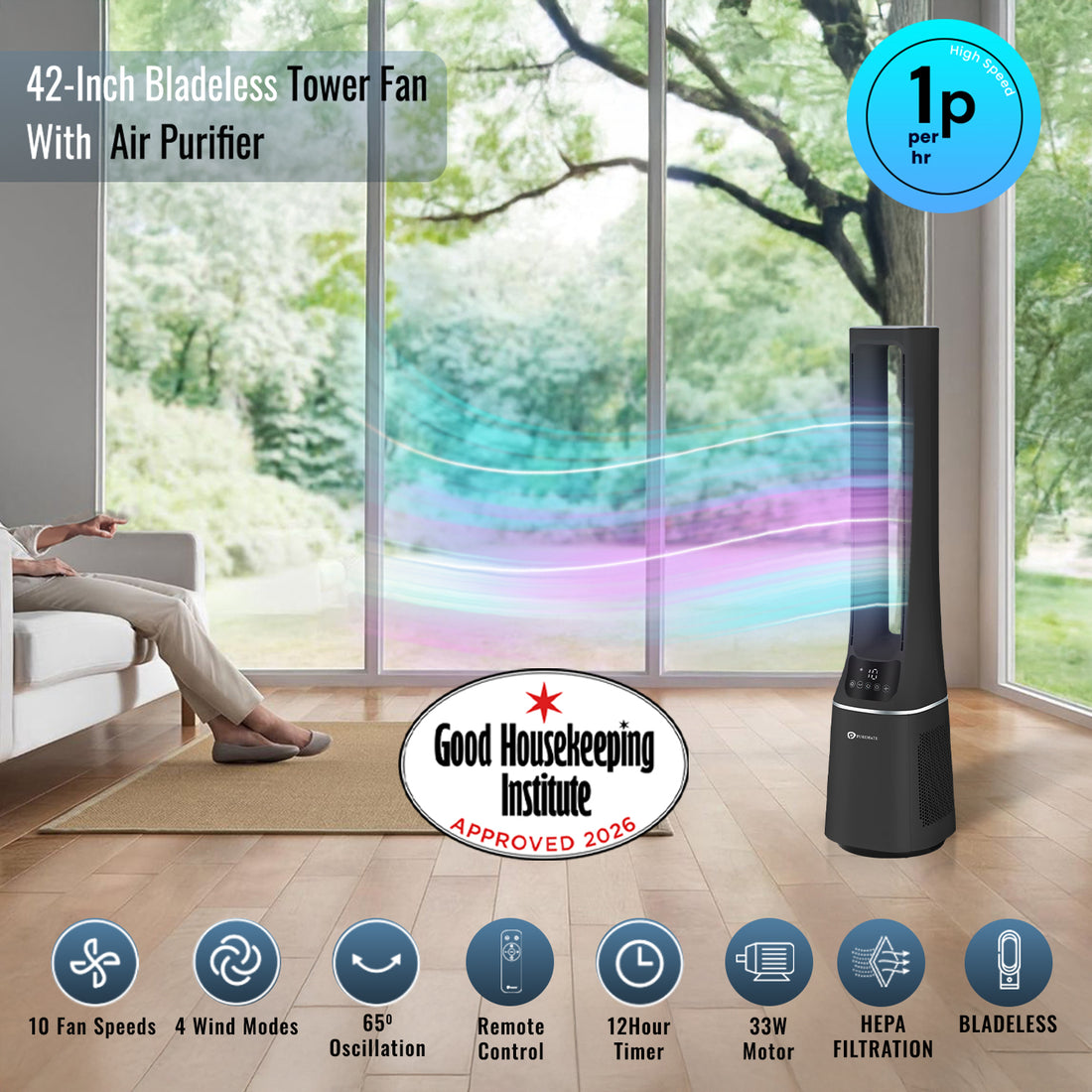 PureMate 42-Inch Bladeless Tower Fan with Air Purifier - Black