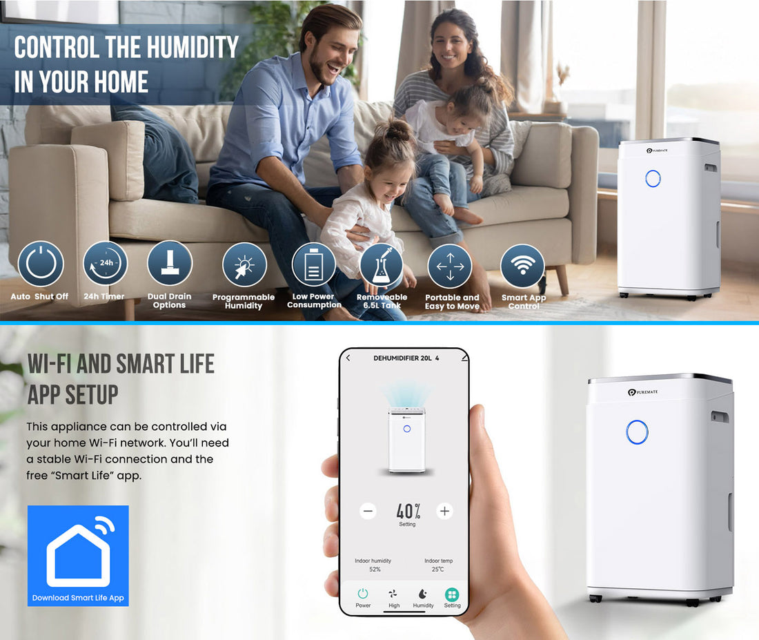 20 Litre Dehumidifier with Ioniser, Continuous Drainage Hose and Sleep Mode and Smart App Control