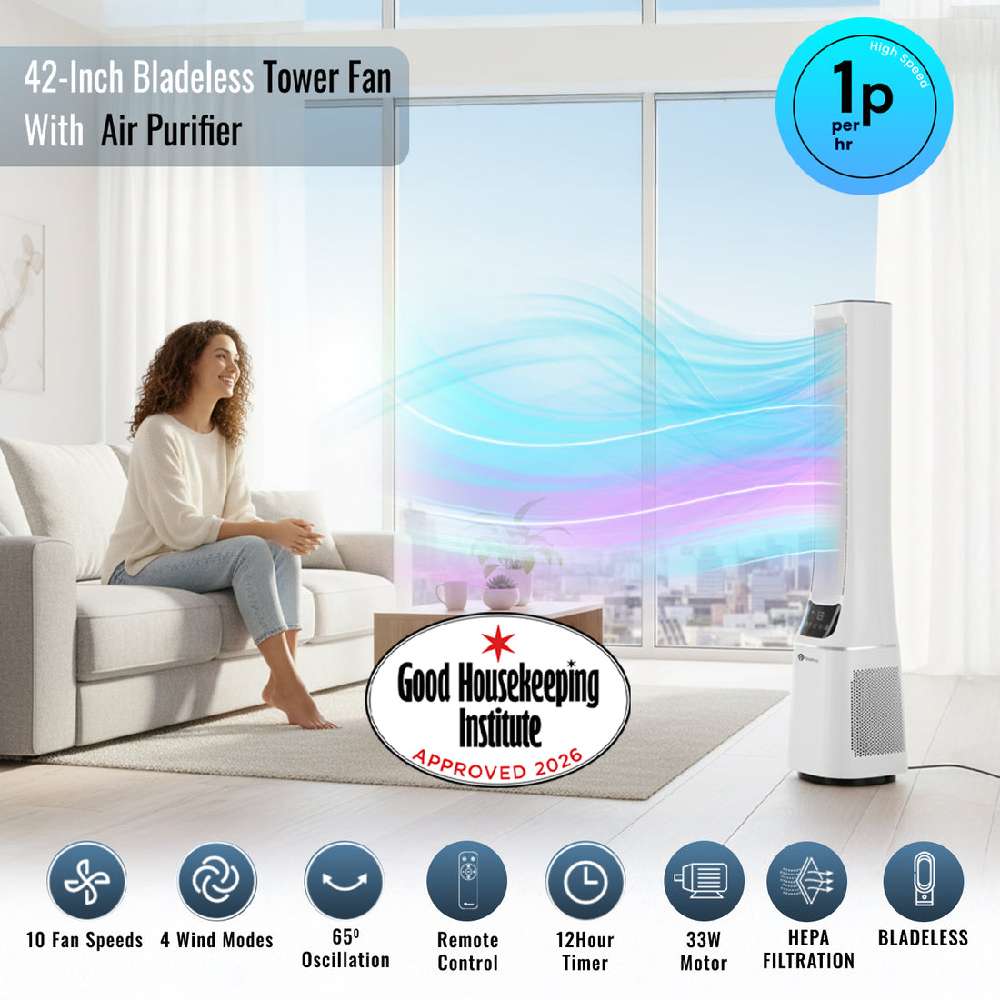PureMate 42-Inch Bladeless Tower Fan with Air Purifier