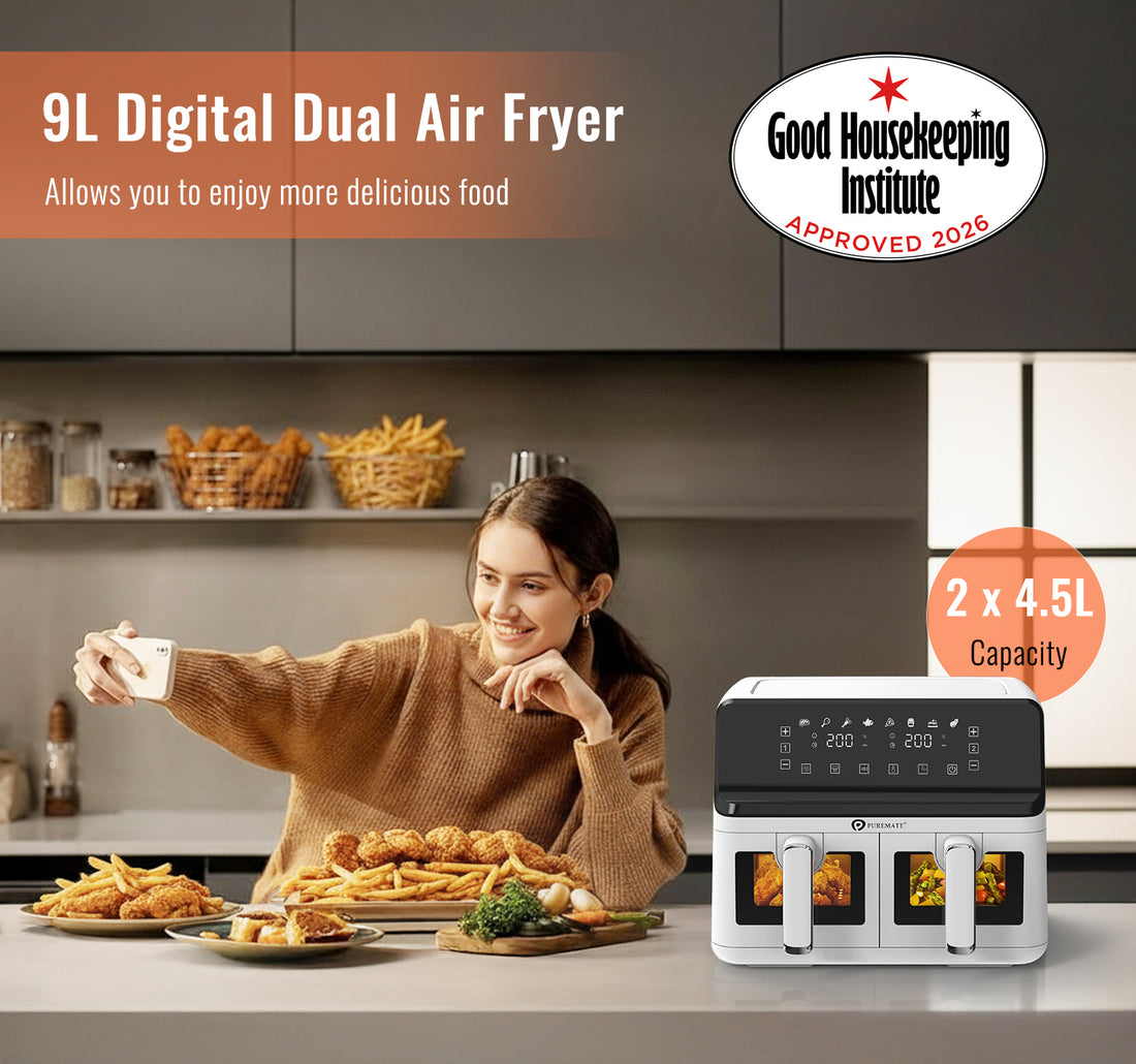 9L Dual Air Fryer with Digital Display, Healthy Oil Free 2500W Air Fryer with 8 Preset, LED One Touch Screen, Timer & Adjustable Temperature Control