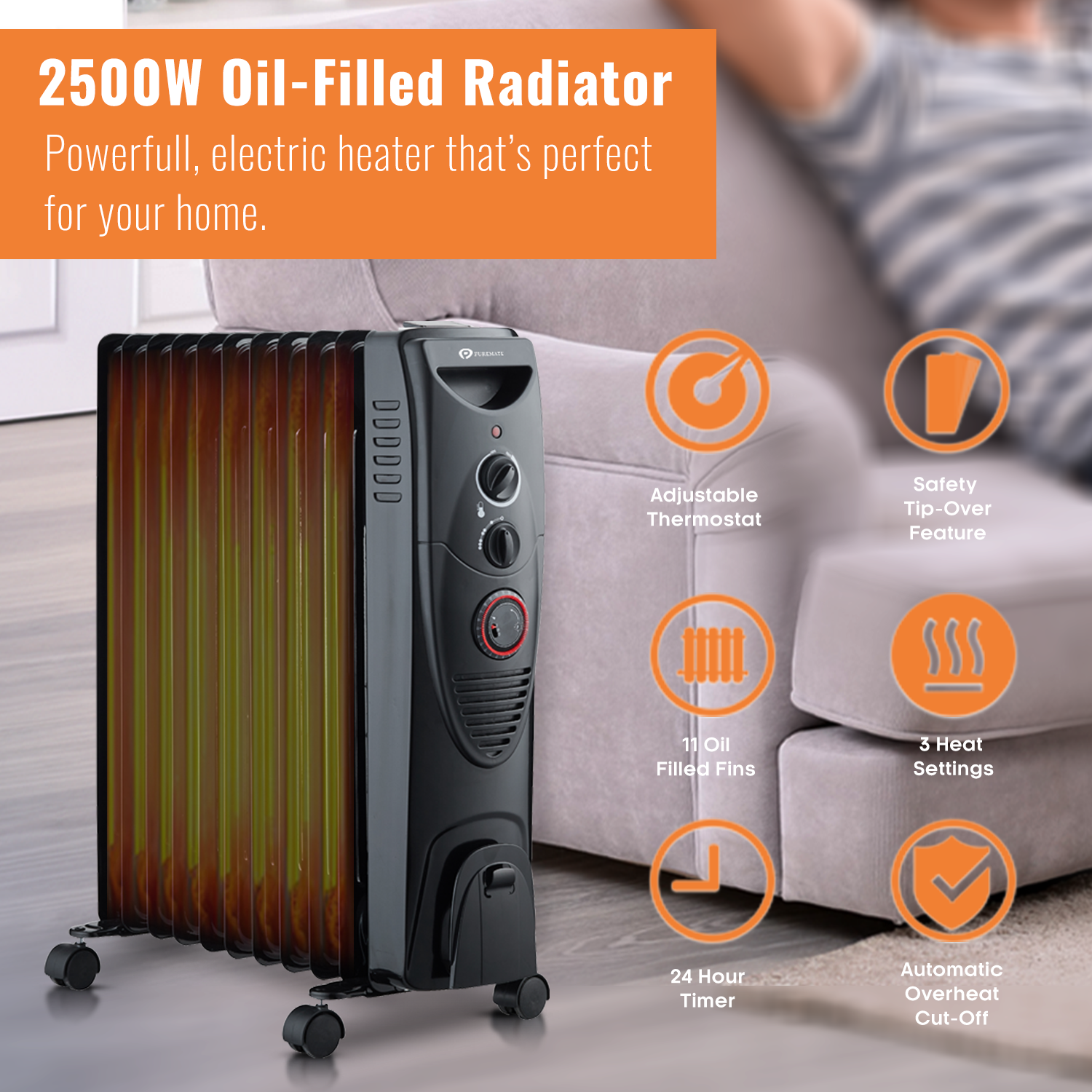 Oil Filled Radiator 2500W, Portable 11 Fin Electric Heater, 3 Power Se ...