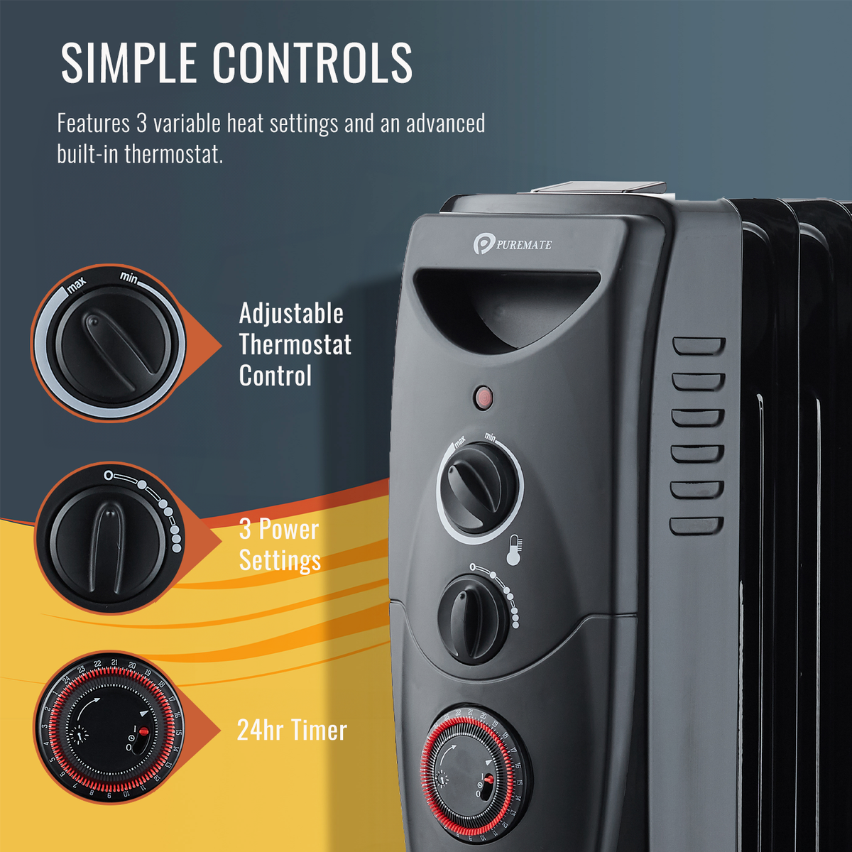 Oil Filled Radiator 2500W, Portable 11 Fin Electric Heater, 3 Power Se ...