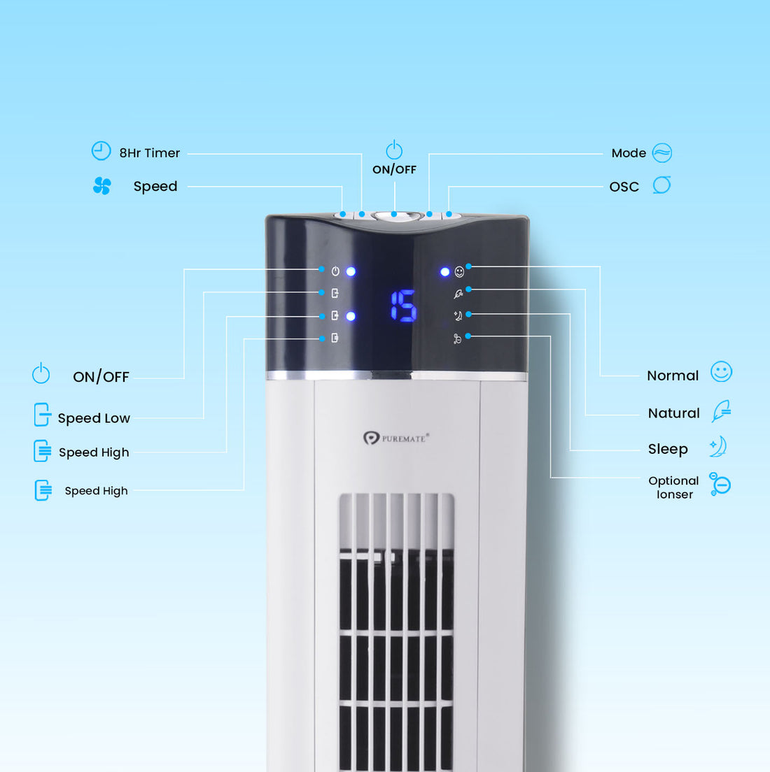 PureMate 43" Oscillating Tower Fan with air Purifier and Aroma Function White