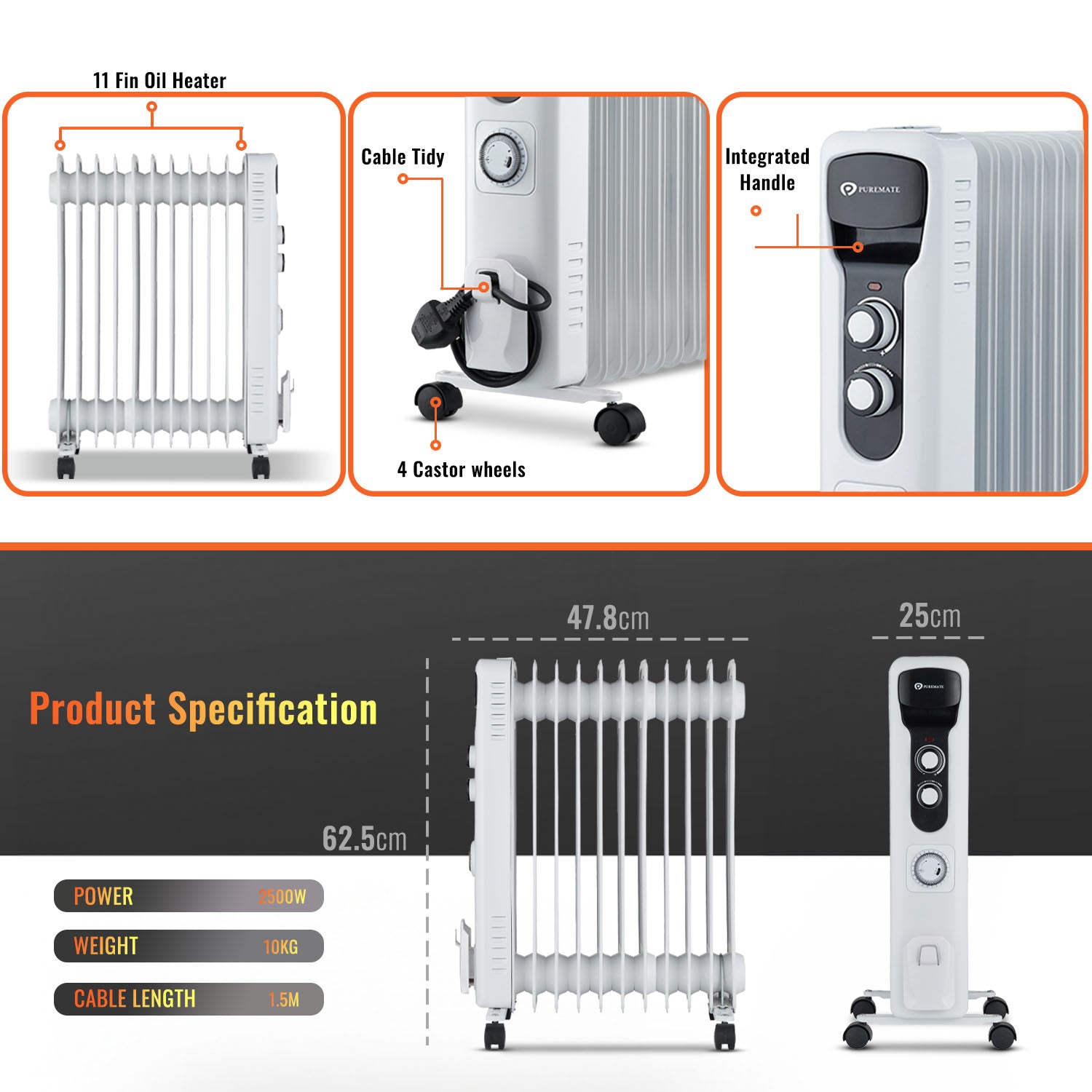 2500W 11 Fin Oil Filled Radiator – White – PureMate