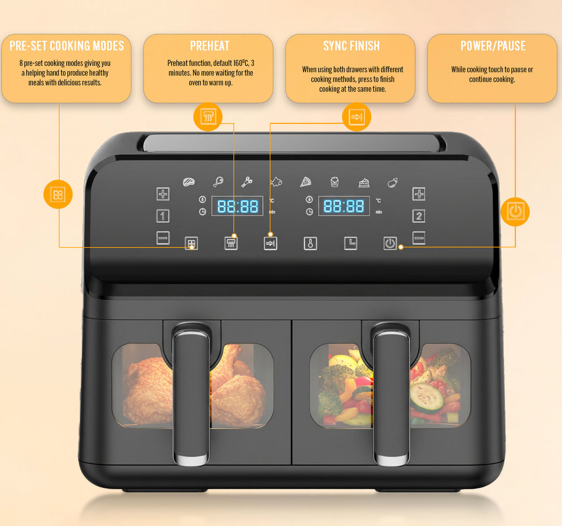 9L Dual Air Fryer with Digital Display, Healthy Oil Free 2500W Air Fryer with 8 Preset, LED One Touch Screen, Timer & Adjustable Temperature Control