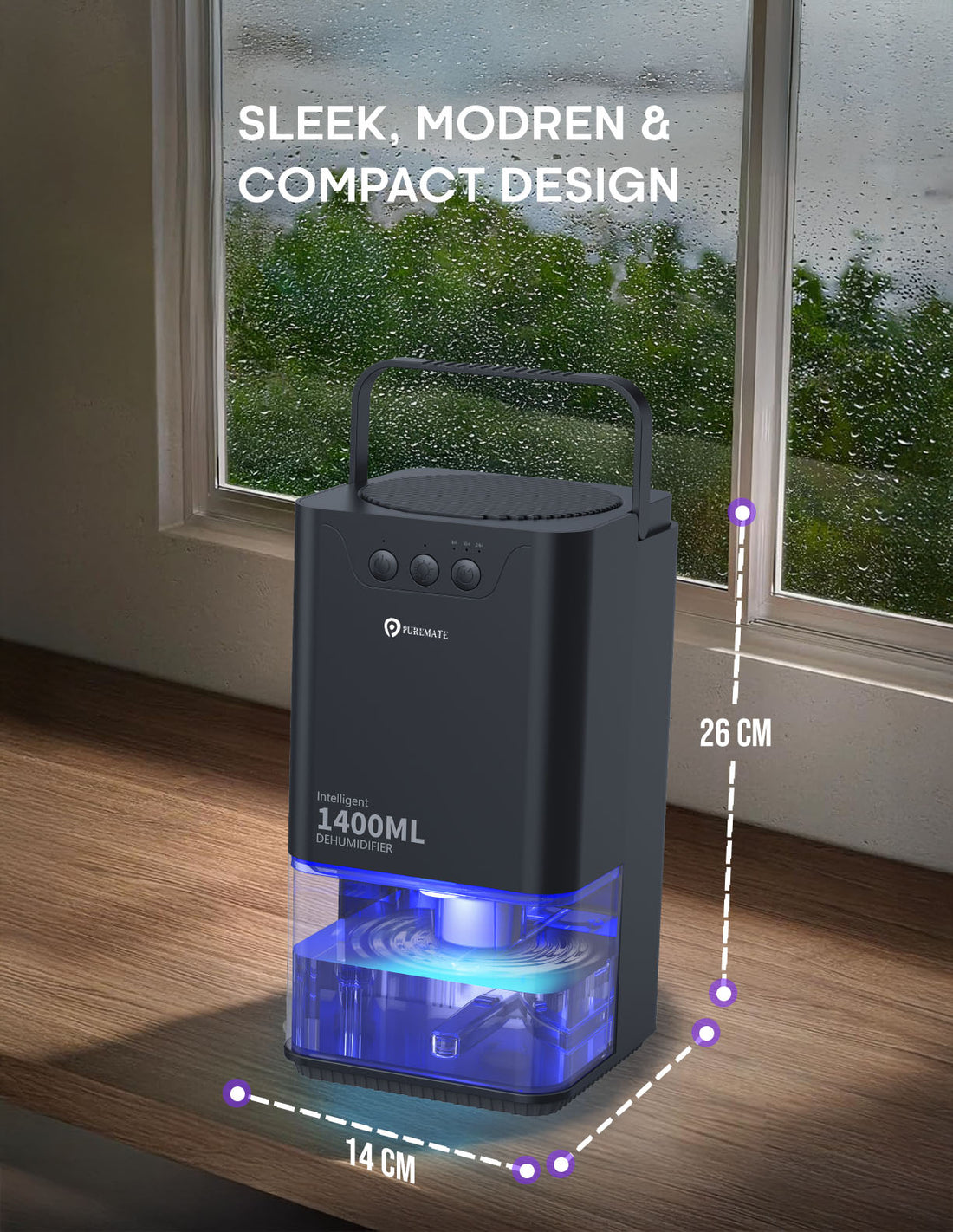 1400ml Mini Dehumidifier for Damp Mould Condensation and Moisture - Black