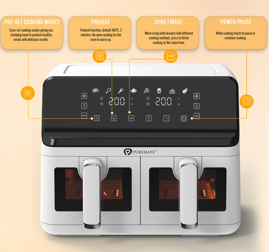 9L Dual Air Fryer with Digital Display, Healthy Oil Free 2500W Air Fryer with 8 Preset, LED One Touch Screen, Timer & Adjustable Temperature Control